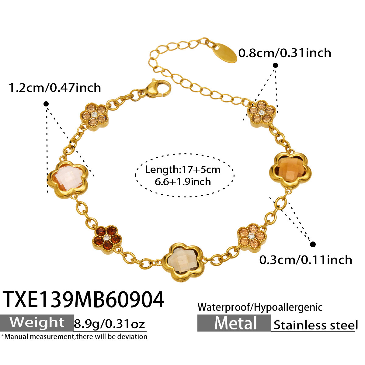 SSeeSY Custom Design Fashion Jewelry PVD 18K Gold Plated Stainless Steel Five Flower Bracelet with Colorful Zircon Czech Glass for Women Girls